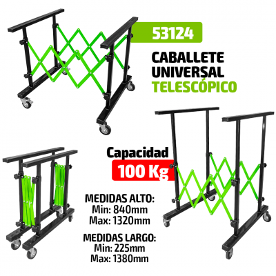 Caballete universal telescópico metálico preto e verde com medidas e capacidade indicadas