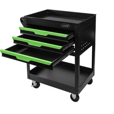 Carrinho de ferramentas metálico preto com três gavetas verdes e rodas