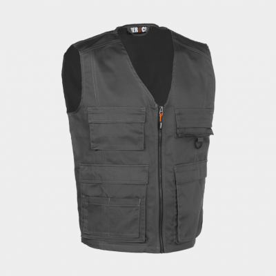 Colete cinzento escuro com vários bolsos e fecho de zíper