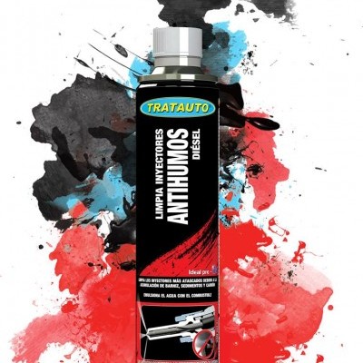 Frasco preto de produto TRATAUTO ANTIHUMOS para limpeza de injetores diesel