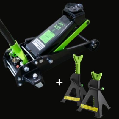 Macaco hidráulico de piso 3.5T preto e verde com dois suportes de segurança pretos e verdes.