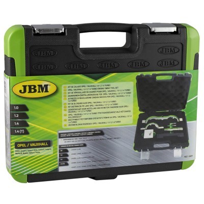 Mala negra e verde com kit de calado JBM e etiqueta com texto em várias línguas