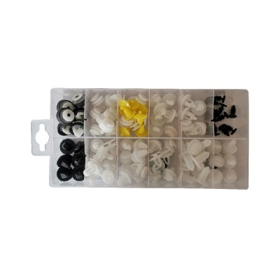 Caixa transparente com compartimentos contendo presilhas de plástico em branco, preto e amarelo