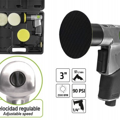 Conjunto de polidor pneumático com disco preto e estojo preto.