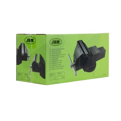 Morsa de bancada JBM em aço preto com caixa verde e texto explicativo