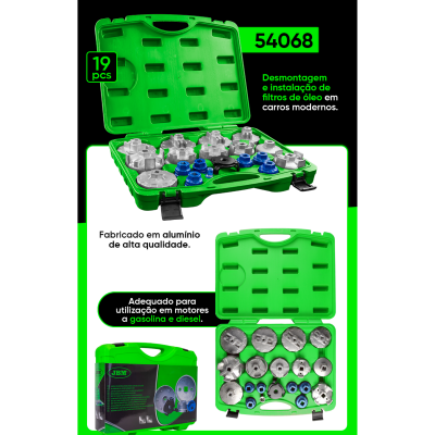 Conjunto de ferramentas para filtros de óleo em estojo verde