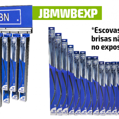 Expositor com escovas limpa pára-brisas embaladas em azul e cinza