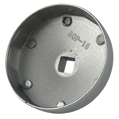 Chave de fenda metálica circular prateada com gravação 80P-15 e orifício quadrado no centro