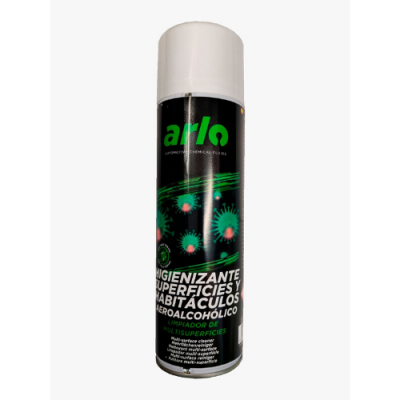 Spray higienizante Arlo com tampa branca e rótulo preto com texto verde e branco