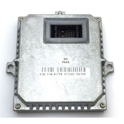 Módulo eletrónico metálico quadrado com conector e etiqueta de código de barras