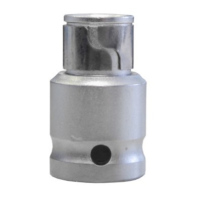 Soquete metálico prateado com orifício circular na lateral