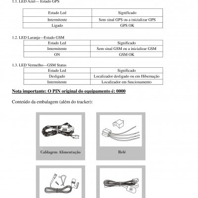 Página de manual com tabela e imagens de acessórios para dispositivo de rastreamento.