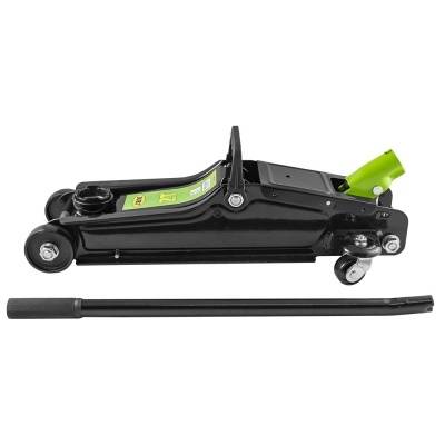 Macaco hidráulico de automóvel preto com detalhes verdes e alavanca