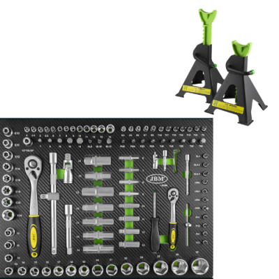 Conjunto de ferramentas JBM com 50 peças e duas torres de apoio pretas e verdes