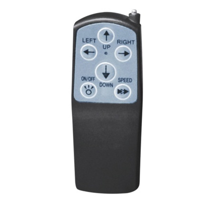 Comando remoto preto com botões e texto em painel cinzento