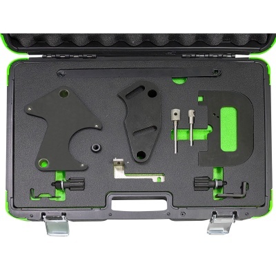 Kit de ferramentas organizadas numa caixa com espuma verde e preta