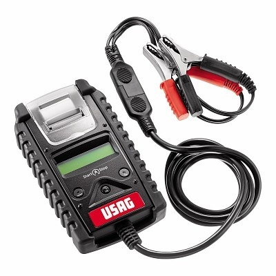 Dispositivo electrónico USAG preto com ecrã digital e cabos com garras vermelhas e pretas