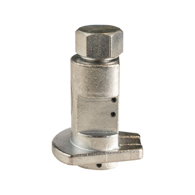 Parafuso metálico prateado com cabeça sextavada e base larga