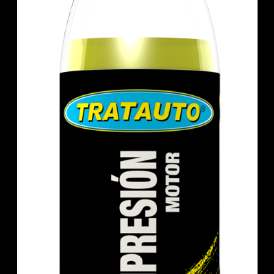 Frasco de tratamento para motor TRATAUTO com rótulo preto e amarelo