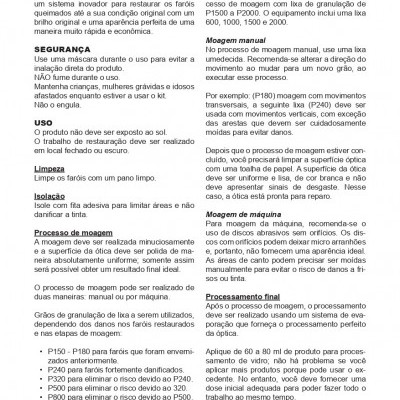 Página de manual de instruções em português sobre kit de reparação de faróis de polímero líquido com texto detalhado.