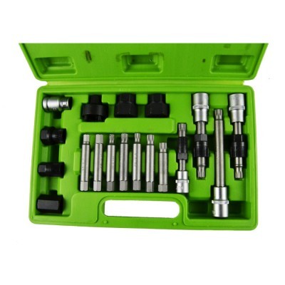 Estojo verde com conjunto de ferramentas metálicas