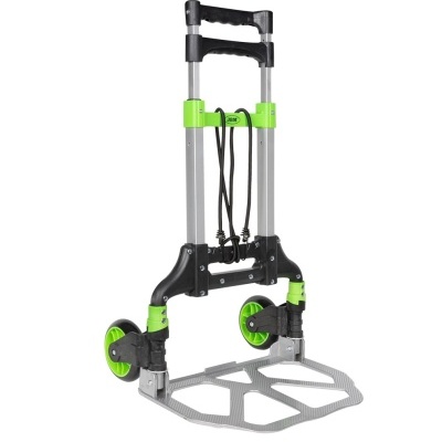 Carrinho de mão dobrável prata com rodas verdes e alças pretas