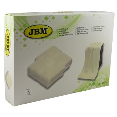 Pacote branco com duas toalhas creme JBM e texto descritivo
