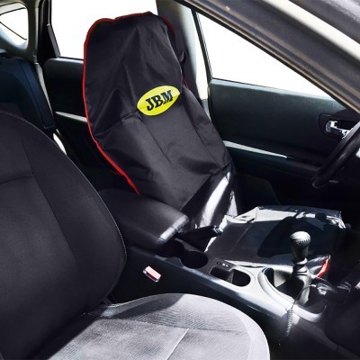 Capa de assento de carro preta com logótipo JBM, com interior de carro cinzento e preto