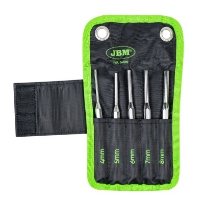 Conjunto de punções metálicos 4mm a 8mm em suporte preto com bordas verdes e logotipo JBM