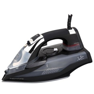 Ferro de engomar a vapor preto e cinzento com base metálica e punho ergonómico