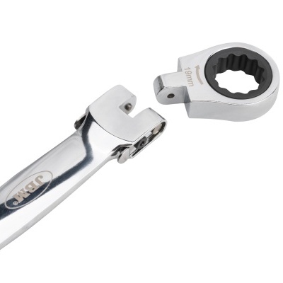 Chave de boca articulada com cabeça de catraca destacável em metal cromado