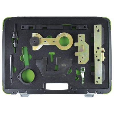 Conjunto de ferramentas metálicas organizadas numa mala com interior em espuma preta