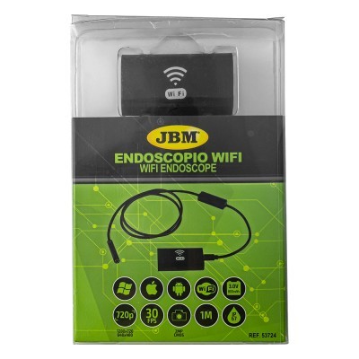 Embalagem do endoscópio WiFi JBM com ícones e texto explicativo