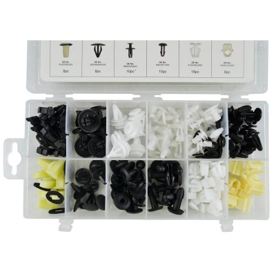 Kit de clips e rebites de plástico variados em caixa branca com divisórias