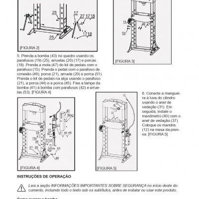 Instruções técnicas de montagem e operação de bomba com desenhos e textos em português.