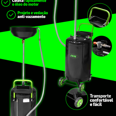 Utensílio metálico preto com rodas verdes e tigela para recolha de óleo do motor