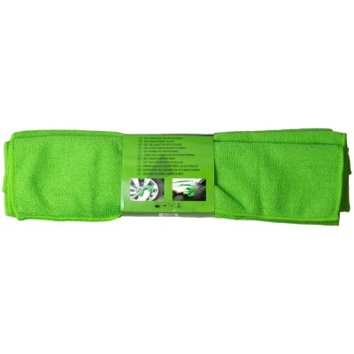 Panos verdes de microfibra para limpeza embalados com etiqueta verde