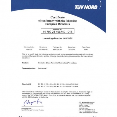 Certificado TÜV NORD para módulos fotovoltaicos de silício cristalino com detalhes de conformidade europeia