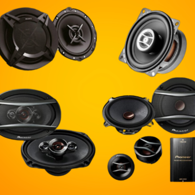 Conjunto de colunas Pioneer pretas sobre fundo amarelo