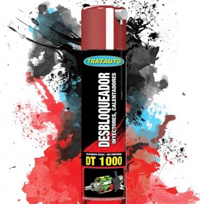 Frasco spray desbloqueador TRATAUTO DT 1000 com tampa vermelha e texto branco e amarelo