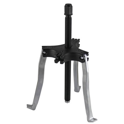 Extractor metálico de três garras com parafuso central preto.