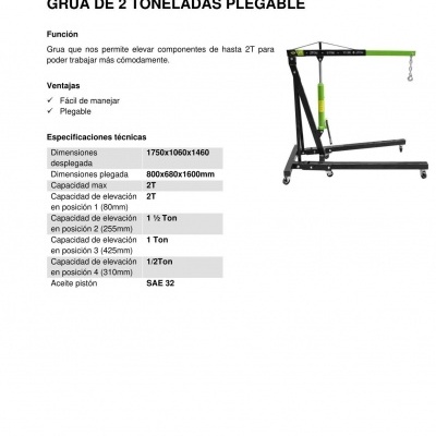 Ficha técnica da grua plegable JBM com especificações e funções