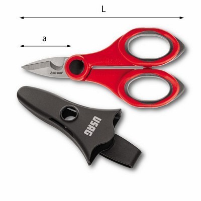 Tesoura vermelha com capa preta e texto USAG sobre fundo branco