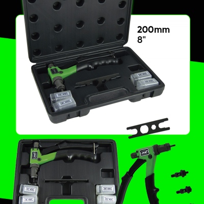 Estojo preto com ferramenta verde e preta e três caixas pequenas com etiquetas e peças adicionais