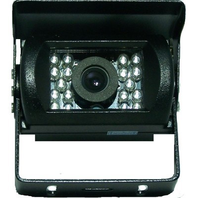 Câmara de segurança preta com LEDs em suporte metálico