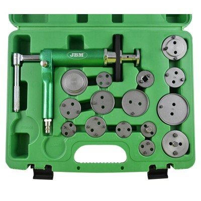 Conjunto de ferramentas JBM em caixa verde com pistola e adaptadores circulares