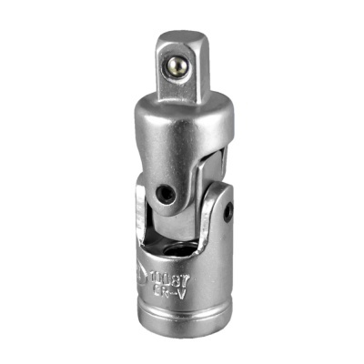 Adaptador articulado metálico prateado com texto gravado