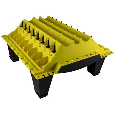 Suporte organizador amarelo e preto com divisórias numeradas e base elevada