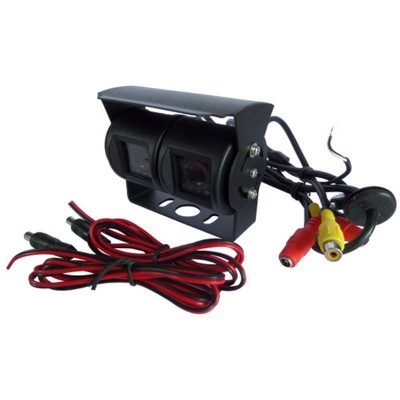 Câmara de segurança preta com cabos e conectores RCA