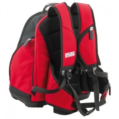 Mochila vermelha e preta com alças acolchoadas e texto USAG